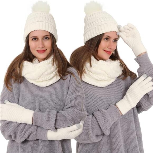 3pcs Women's Winter Beanie Hat Scarf and Touch Screen Gloves Set - Picture 5 of 5